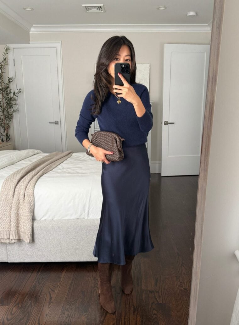 quince cashmere shrunken sweatshirt silk slip skirt petite friendly outfits