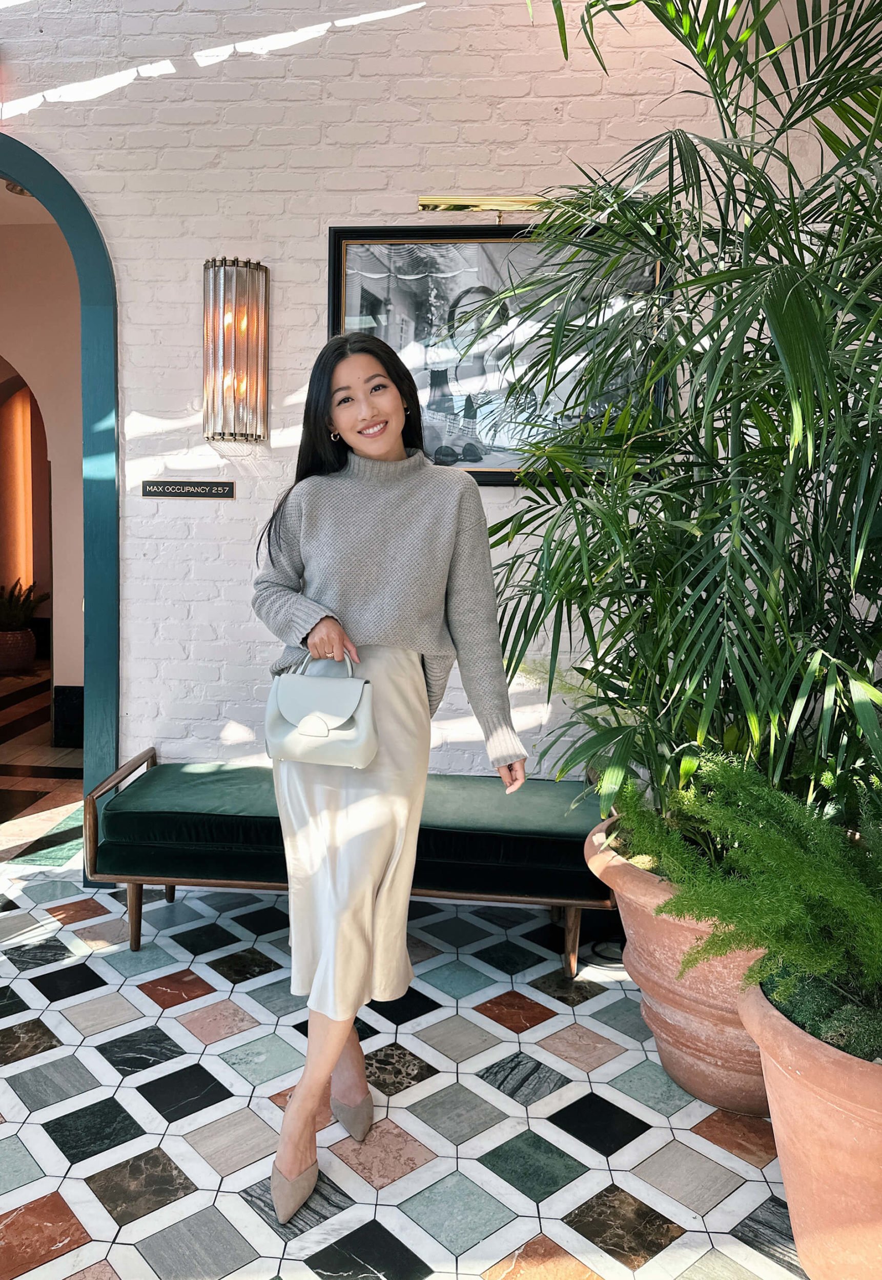 petite silk satin slip skirt everlane cashmere sweater